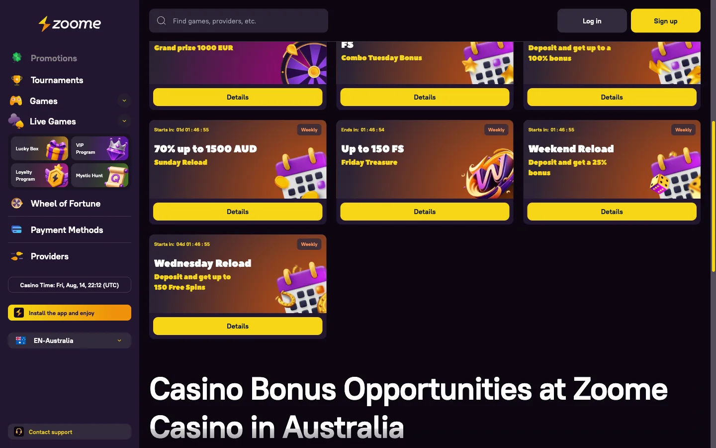 Zoome Casino promotion detail page with the bonus terms for Australian players