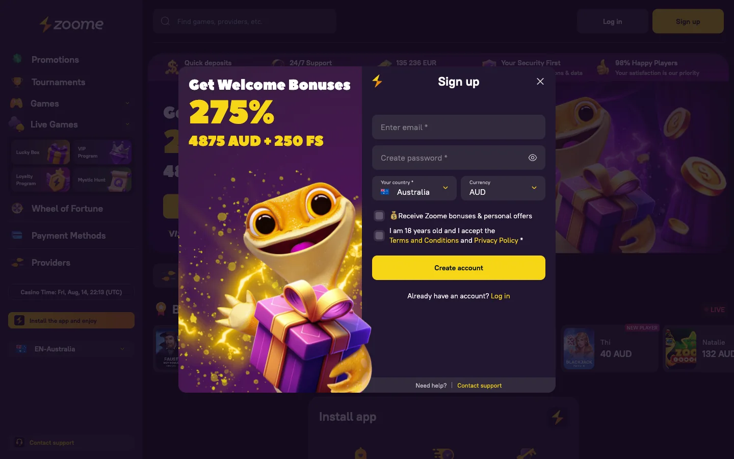 Zoome Casino sign-up form used to create the account you later log in with